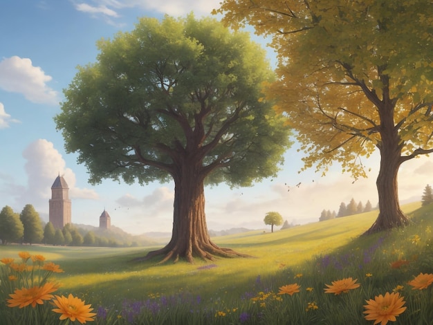 Zielone drzewo polne i błękitne niebo Wspaniały jako baner internetowy w tle Wiosenny krajobraz na wsi