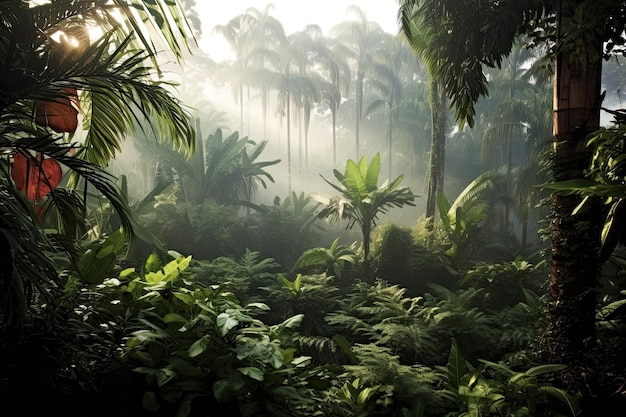 Zielone egzotyczne palmy rosnące w lesie tropikalnym na tle ciemnych drzew