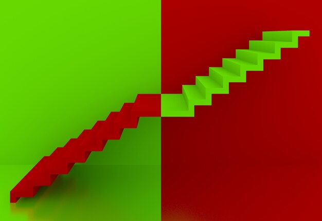 Zielone i czerwone schody we wnętrzu3d
