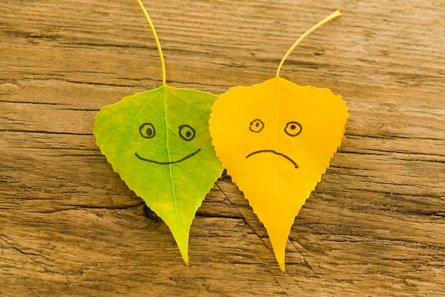 Zdjęcie zielone i żółte liście z wizerunkiem szczęśliwych i smutnych twarzy na starym drewnianym tle z pęknięciami