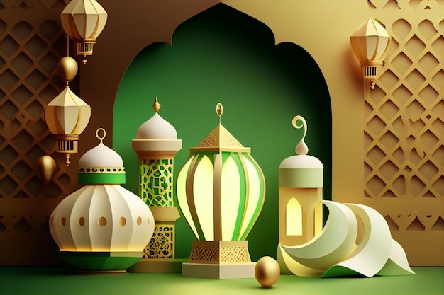 Zielone i żółte tło ramadanu z meczetem i generatywną ai meczetu