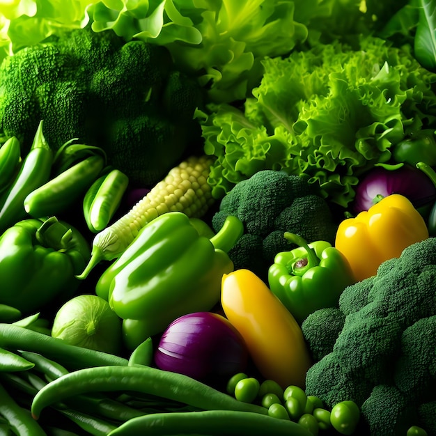 Zielone i żółte warzywa koncepcja zdrowej żywności zielone warzywa i tło żywności liściastej