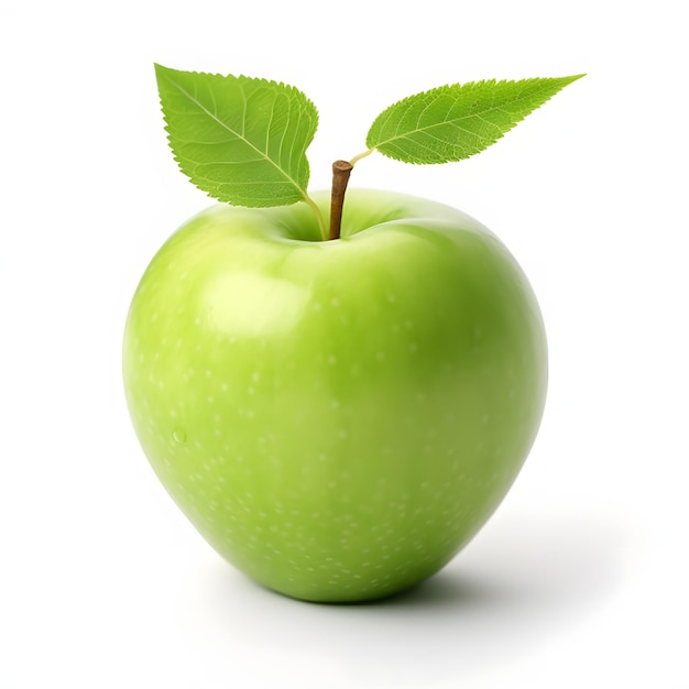 Zielone jabłko z liściem na białym tle