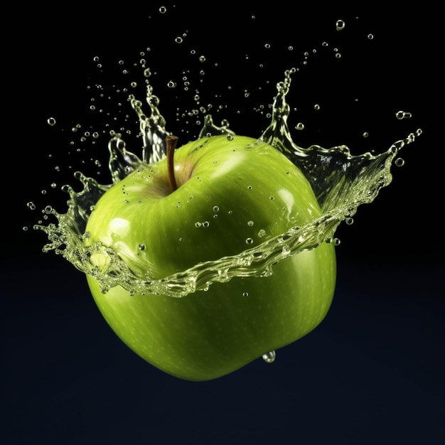 Zielone jabłko z rozpryskiem wody na czarnym tle Świeże owoce
