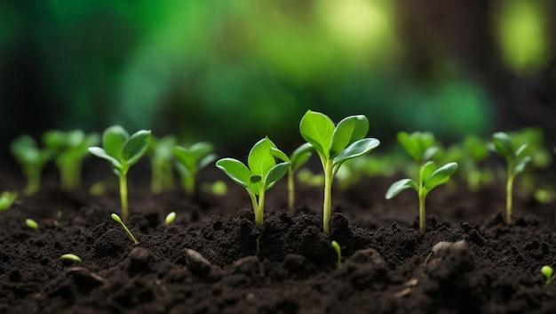 Zdjęcie zielone kiełki w ciemnej glebie na rozmytym tle symbolizują wzrost i potencjał
