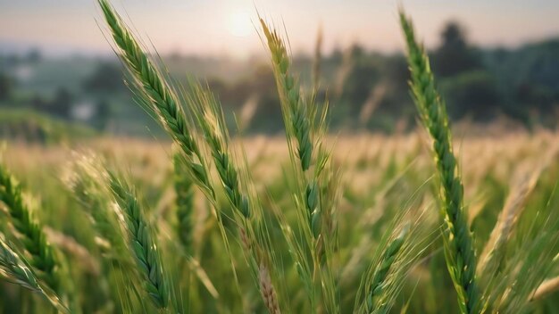 Zielone kolczyki pszenicy z niewyraźnym tłem