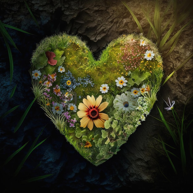 Zielone kwiatowe serce na trawie Wiosna lato miłość natura koncepcja AI