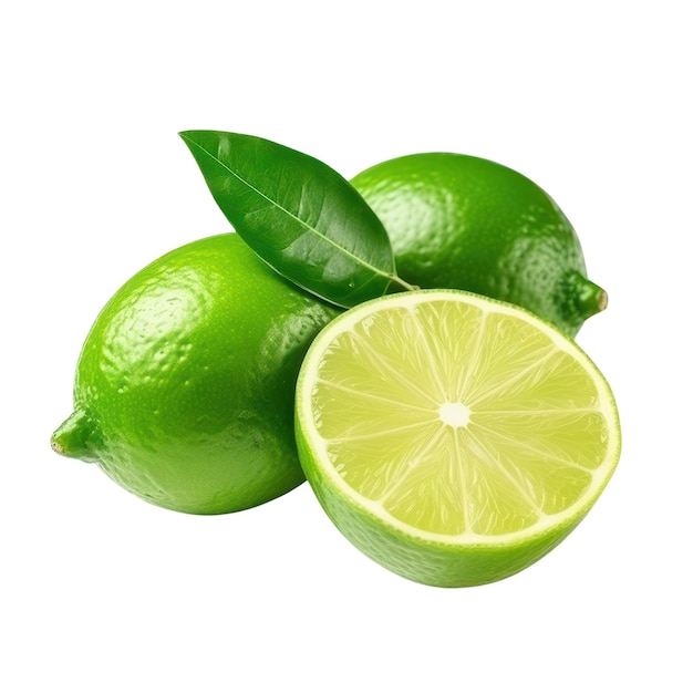Zielone limonki i liście izolowane na białym przezroczystym tle Dojrzałe kwaśne owoce cytrusowe całe i pół pokrojone