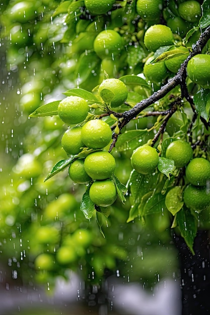 Zielone limonki zwisające z drzewa w deszczu