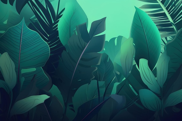 Zielone liście dżungli eko tło tropikalne liście płaska ilustracja Generatywna AI
