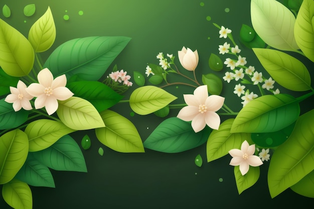 Zielone Liście I Kwiaty Na Ciemnozielonym Tle