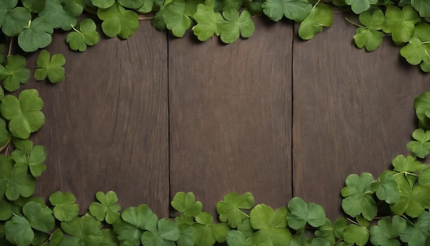 Zielone liście koniczyny na drewnianym tle Dzień św. Patryka Kopiuj przestrzeń Święto Piwa