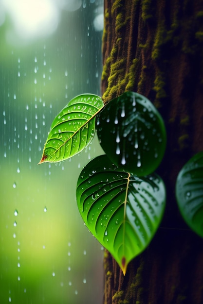 Zielone liście na drzewie z kroplami deszczu
