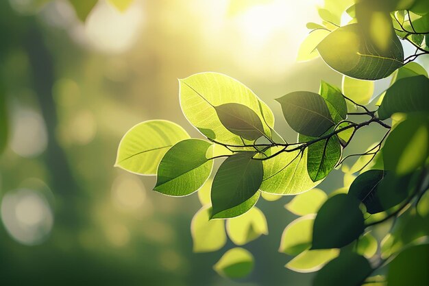 Zielone liście na gałęziach z porannym słońcem na tle wiosny i lata