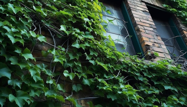 Zielone liście otaczają zewnątrz starego budynku na tle naturalnego lasu generowanego przez sztuczną inteligencję