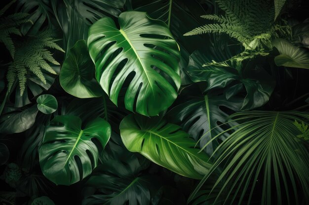 Zielone liście tła Zielone tropikalne liście monstera Obraz generowany przez AI