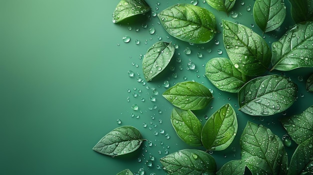 Zielone liście z kropelami wody na kolorowym tle widok górny Przestrzeń dla tekstu