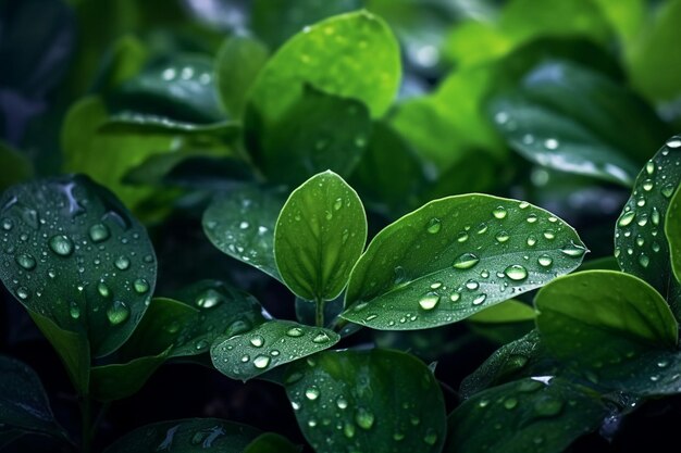 Zielone liście z kropelami wody na tle