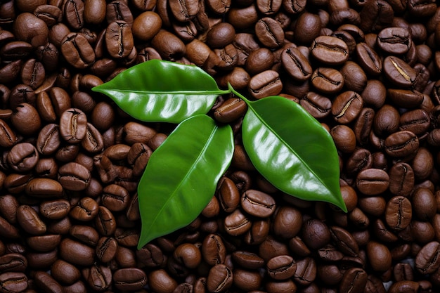 Zdjęcie zielone liście z ziarnami kawy na tle