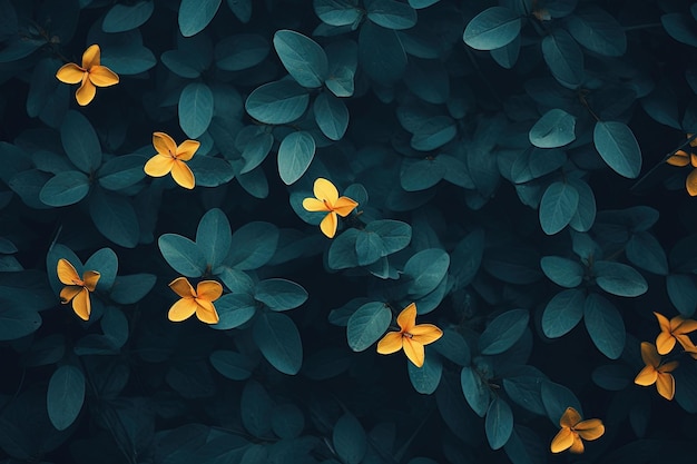 zielone liście z żółtymi kwiatami ciemno-błękitny kolor i jasno-pomarańczowy minimalistyczny kolor tła