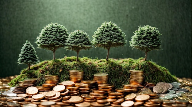 Zdjęcie zielone marzenia małe drzewa na stosie złotych monet na naturalnym tle