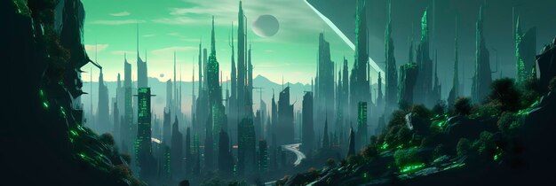 Zielone miasto przyszłości Eko miasto przyszłości Harmonia miasta i natury Wschód słońca w wielkim mieście Rozmiar banera generuje ai