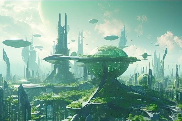 Zielone miasto z latającymi samochodami i futurystyczną architekturą na futurystycznej planecie