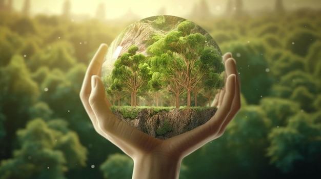 Zielone, naturalne, przyjazne dla środowiska drzewo w szklanej kuli w ręku na tle wygenerowanej przez sztuczną inteligencję