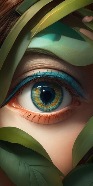 Zielone oko z niebieskim i pomarańczowym eyelinerem oraz niebieskie oko z zielonym liściem.