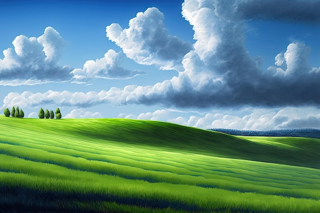Zielone pochyłe pola na tle chmur i błękitnego nieba