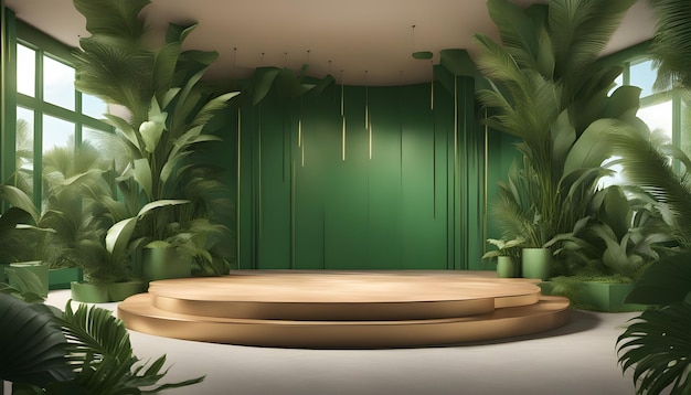 Zielone podium w nowoczesnym tropikalnym tle do renderowania 3D lokowania produktu