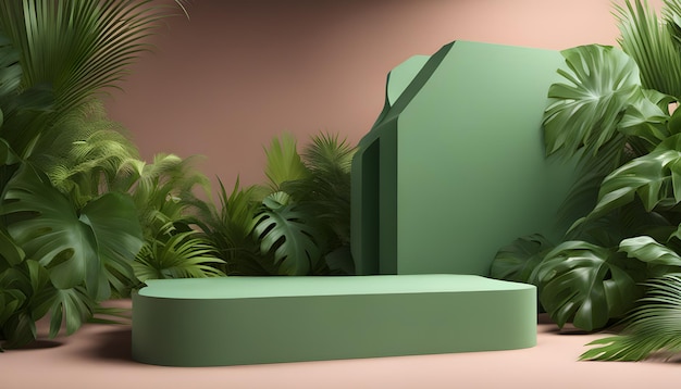 Zielone podium w nowoczesnym tropikalnym tle do renderowania 3D lokowania produktu