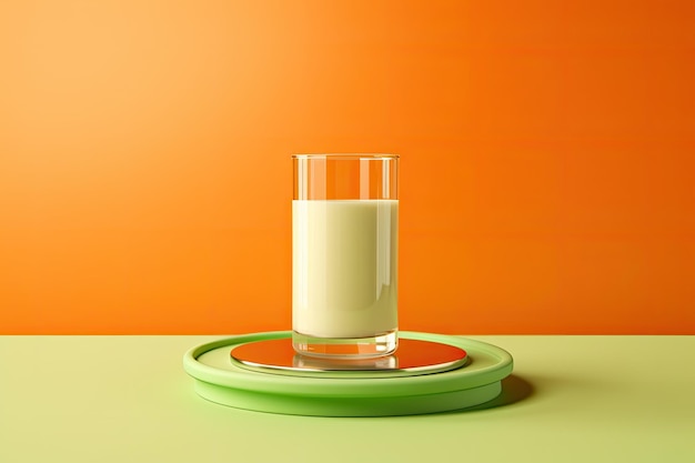 zielone podium z bliska strzał pomarańczowe studio backg ze szklanką mleka