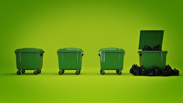 Zielone pojemniki na śmieci renderowanie 3d