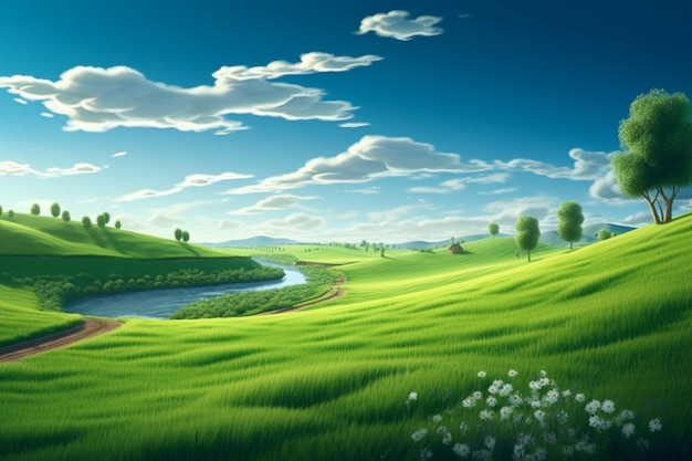 Zielone pola na niebie z rzeką i zielonym polem