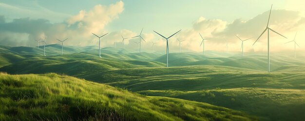 zielone pole z turbinami wiatrowymi na tle