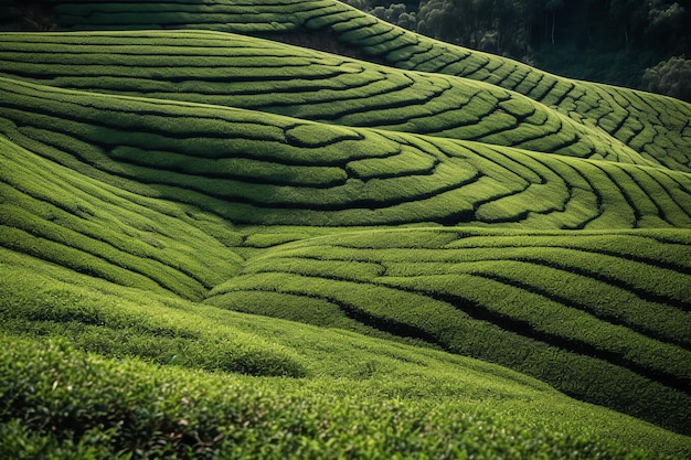 Zielone pole z zielonym wzgórzem i napisem „herbata”.
