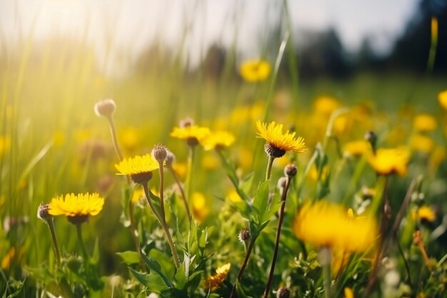 Zielone pole z żółtymi dandelions Przeznaczone do walki radioelektronicznej żółte wiosenne kwiaty na ziemi AI generowane ilustracji