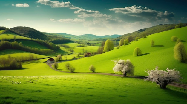 Zielone pole ze wzgórzem i domem w oddali