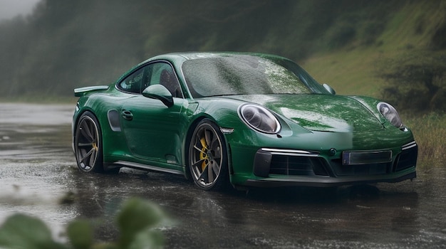 Zielone porsche 911 gt3 z napisem porsche na boku.