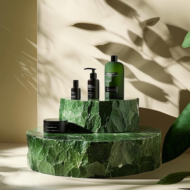 Zielone produkty do pielęgnacji skóry na marmurowym podium z botanicznym efektem cienia Zdrowie i piękno