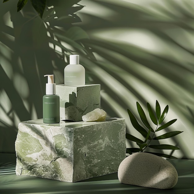 Zielone produkty do pielęgnacji skóry na marmurowym podium z botanicznym efektem cienia Zdrowie i piękno