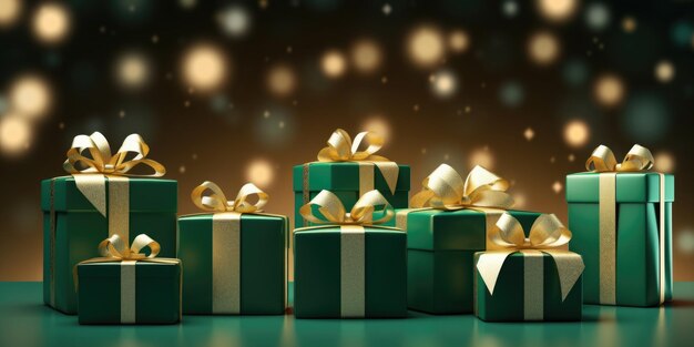Zielone pudełka podarunkowe Zielone prezenty ze złotą wstążką na tle bokeh i świątecznych oświetlenia