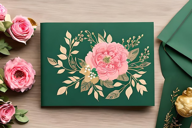 Zielone pudełko z różowymi kwiatami obok babeczki.