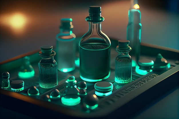 Zielone puste szklane butelki na nieostrożnym tle tekstura badań naukowych żywa koncepcyjna ilustracja medyczna rurki testowe