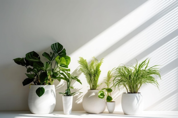 Zielone rośliny w doniczkach z białą ścianą na tle promienie słoneczne Generatywna sztuczna inteligencja