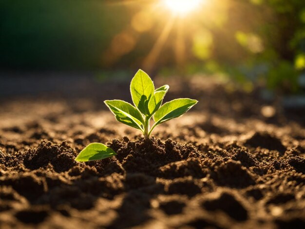 Zdjęcie zielone sadzonki rosnące z gleby w porannym świetle koncepcja rolnictwa generatywna sztuczna inteligencja