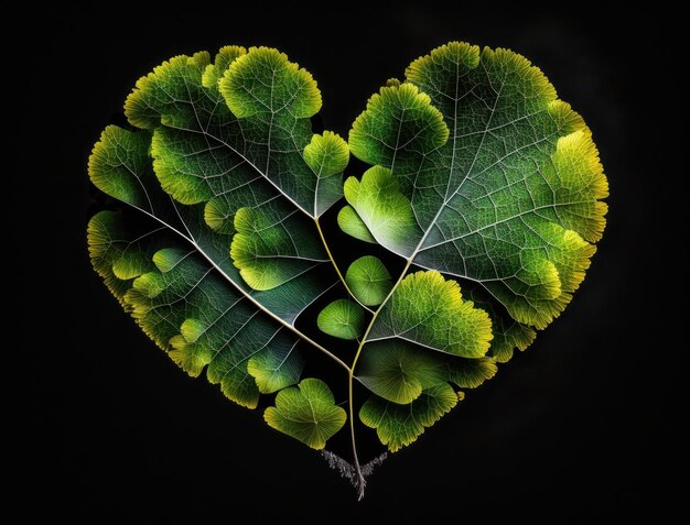 Zielone serce wykonane z liści Ginkgo biloba Koncepcja ochrony środowiska stworzona za pomocą technologii Generative AIx9