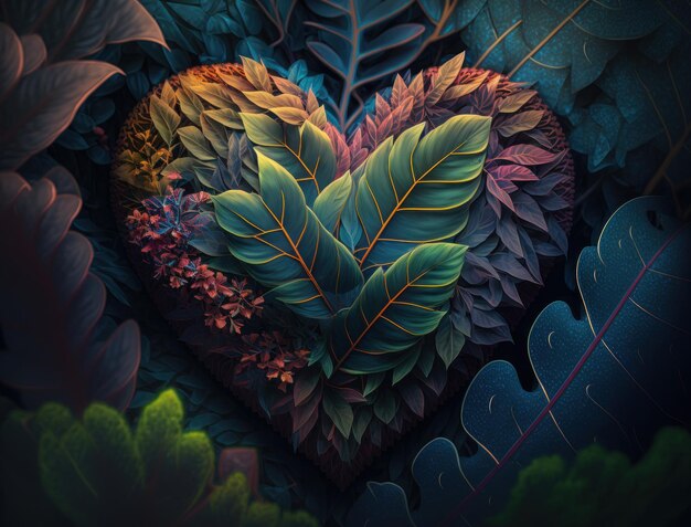 Zielone serce wykonane z liści, które reprezentują ochronę środowiska stworzone przy użyciu technologii Generative AI