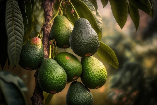 Zielone soczyste owoce awokado zwisają z gałęzi wśród nowych zbiorów na plantacjach drzew awokado na wyspie La Palma na Wyspach Kanaryjskich w Hiszpanii
